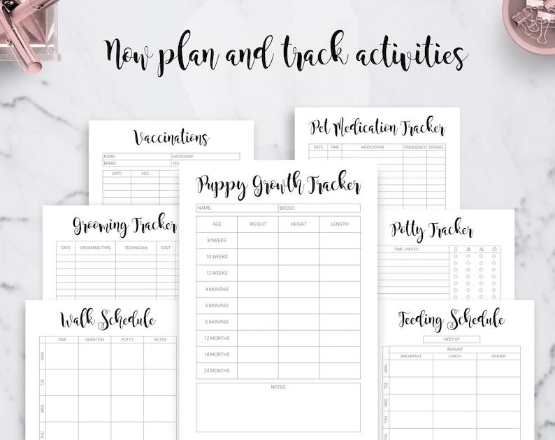 May include: Printable black and white pet tracker sheets with headings for vaccinations, grooming, medication, puppy growth, potty training, walk schedule, and feeding schedule.