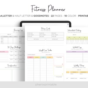 May include: A printable fitness planner with pages for tracking running, weight loss, intermittent fasting, workouts, and weekly fitness goals. The planner is designed in a pastel color scheme with pink, yellow, green, and purple accents.