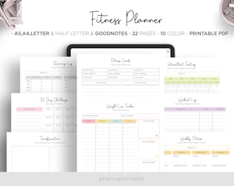 Fitness Planner Weight Loss Calorie Tracker Workout Log 30 Day Digital Goodnotes iPad Planner A5 A4 Letter Half Size PDF Printable Inserts