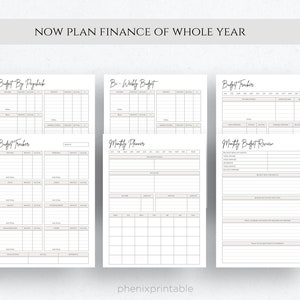 Op de afbeelding: Een printbare budgetplanner met zes pagina's. De pagina's bevatten secties voor budgetteren per loonstrook, tweewekelijks budget, budgettracker, maandelijkse planner en maandelijkse budgetbeoordeling. De pagina's zijn wit met zwarte tekst en grijze accenten.