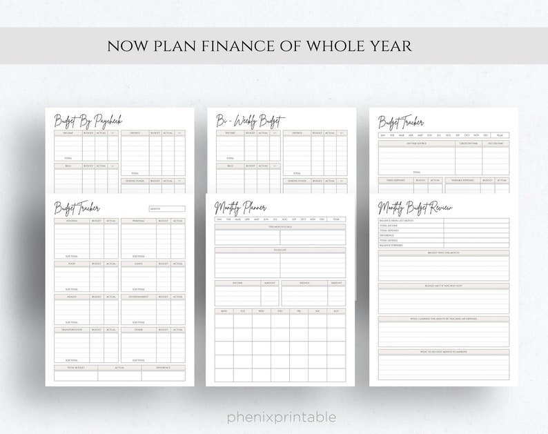 Op de afbeelding: Een printbare budgetplanner met zes pagina's. De pagina's bevatten secties voor budgetteren per loonstrook, tweewekelijks budget, budgettracker, maandelijkse planner en maandelijkse budgetbeoordeling. De pagina's zijn wit met zwarte tekst en grijze accenten.