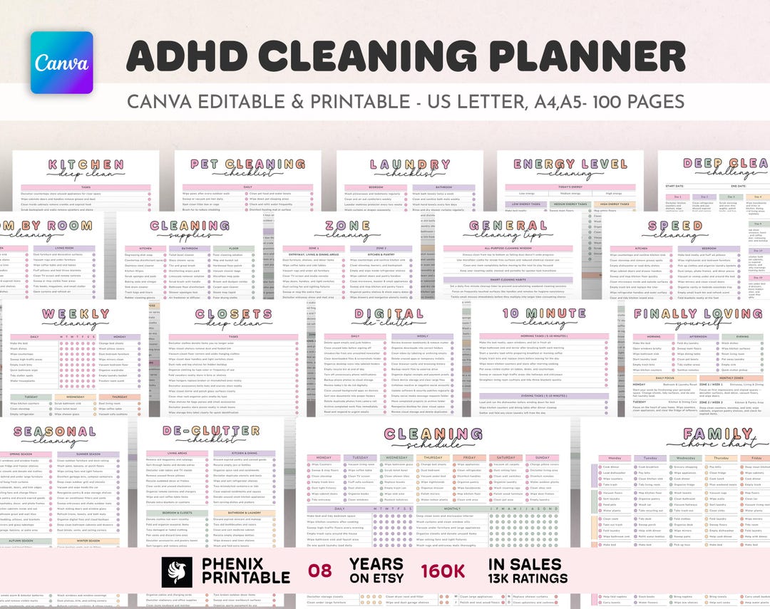 ADHD Cleaning Planner Bundle, Editable Canva Checklist Schedule ...