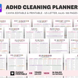 Peut inclure: Planificateur de nettoyage ADHD avec diverses listes de contrôle et calendriers. Le planificateur comprend des sections pour la cuisine, les animaux de compagnie, la lessive, etc. Le texte "Canva Editable & Printable" est visible. 100 pages.