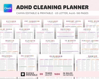ADHD Cleaning Planner Bundle, Editable Canva Checklist Schedule (Digital Download)