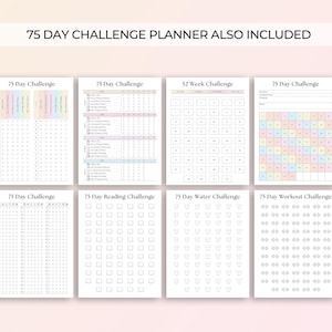 May include: A printable set of 75-day challenge trackers. The trackers include a 75-day challenge, a 52-week challenge, a 75-day reading challenge, a 75-day water challenge, and a 75-day workout challenge.