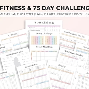 May include: Printable 75-day fitness challenge planner with pages for tracking workouts, meals, weight, sleep, and goals. The planner is in a light pink and blue colour scheme with a white background.