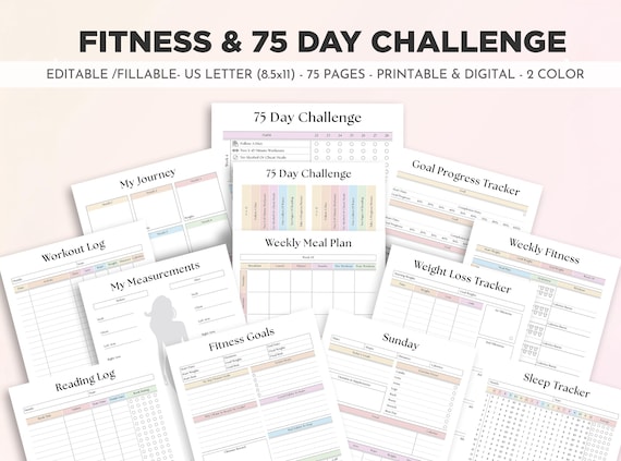Editable 75 Day Challenge Fitness Planner, Weight Loss Journal (Fillable PDF)
