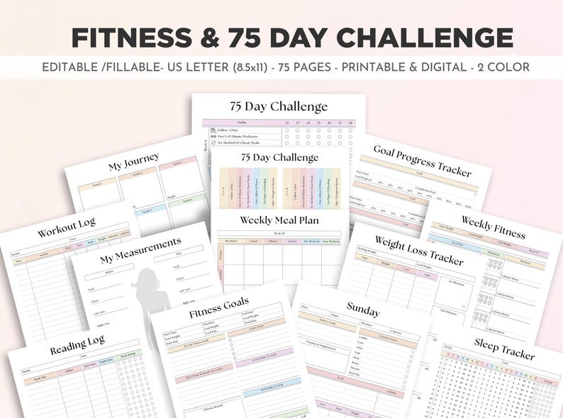May include: Printable 75-day fitness challenge planner with pages for tracking workouts, meals, weight, sleep, and goals. The planner is in a light pink and blue colour scheme with a white background.
