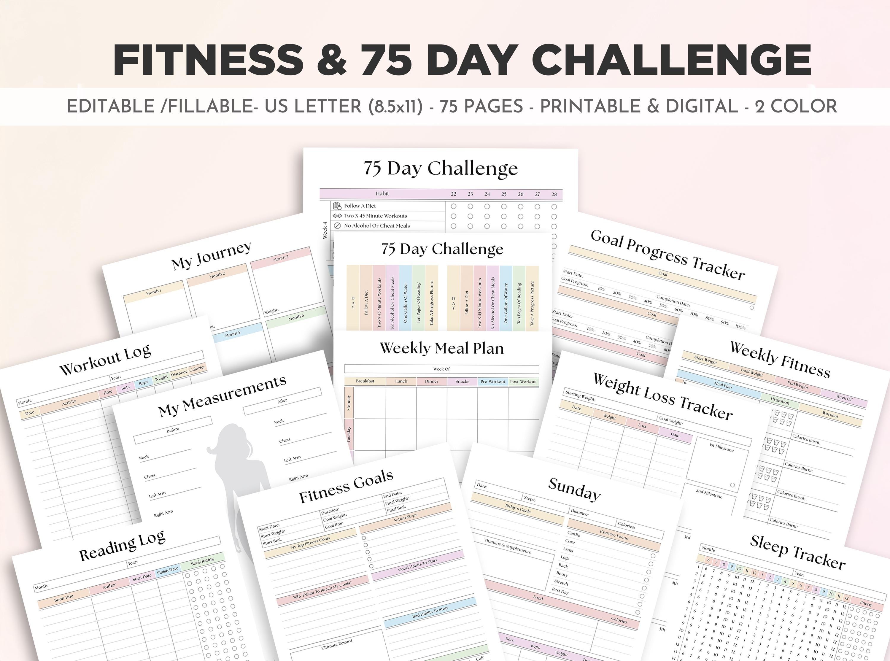 Editable Fitness Planner, 75 Day Challenge Planner 75 Soft Challenge Templates Fitness Journal Meal Planner Weight Loss Journal Fillable PDF