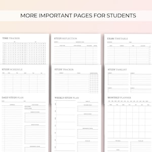 May include: A set of printable student planner pages with titles including "Time Tracker", "Study Reflection", "Exam Timetable", "Study Schedule", "Study Tracker", "Study Tasklist", "Daily Study Plan", "Weekly Study Plan", and "Monthly Planner".