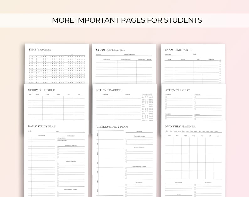 May include: A set of printable student planner pages with titles including "Time Tracker", "Study Reflection", "Exam Timetable", "Study Schedule", "Study Tracker", "Study Tasklist", "Daily Study Plan", "Weekly Study Plan", and "Monthly Planner".