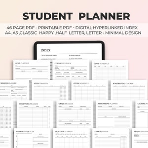 Paquete de planificador de estudiantes imprimible Planificador de estudiantes académicos Planificador de la escuela universitaria A4 A5 Carta de EE. UU. Clásico Feliz media carta PDF imprimible