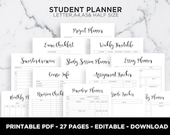 Ultimate Student Planner Study Organizer Back To College School Planner Academic Planner Editable A5 A4 Letter Half Size PDF Printable