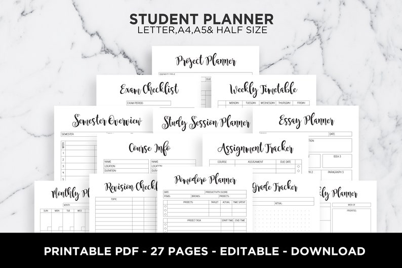 Ultimate Student Planner Study Organizer Back To College School Planner Academic Planner Editable A5 A4 Letter Half Size PDF Printable 