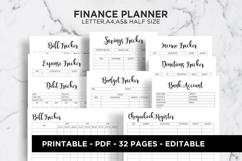 Financial Planner Finance Journal Planner Expense Tracker Monthly Budget Planner Bill Tracker Editable A5 A4 Letter Half Size PDF Printable 
