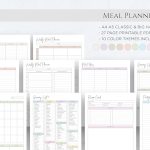 Planificador de comidas imprimible Planificador de menú de comidas semanales Planificador de recetas de bricolaje Libro Mambi Classic HP Big Happy Planner PDF A4 A5 Carta imprimible