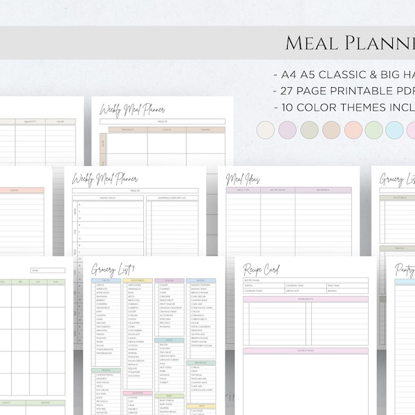 Printable Meal Planner Weekly Meal Menu Planner DIY Recipe Planner Book Mambi Classic HP Big Happy Planner PDF A4 A5 Letter Printable
