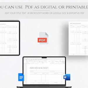 May include: A digital image showing a computer screen displaying a printable budget spreadsheet. The spreadsheet is titled "Paycheck Budget" and is open in a Microsoft Word document. The image also shows a PDF file icon and a tablet displaying the same budget spreadsheet.