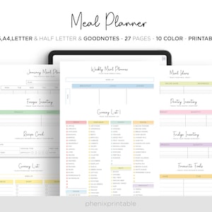 Meal Planner Weekly Meal Menu Planner DIY Recipe Planner Book Digital Goodnotes iPad Planner A5 A4 Letter Half Size PDF Printable Inserts