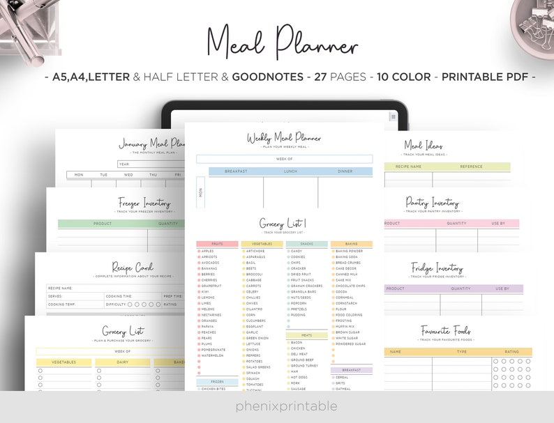 Meal Planner Weekly Meal Menu Planner DIY Recipe Planner Book Digital Goodnotes iPad Planner A5 A4 Letter Half Size PDF Printable Inserts 