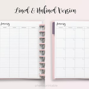 May include: Two planner pages side-by-side, labeled January, featuring a weekly layout with Monday through Thursday columns. The left page has horizontal lines in each daily block, while the right page features blank boxes. Both pages have pink disc-bound edges.