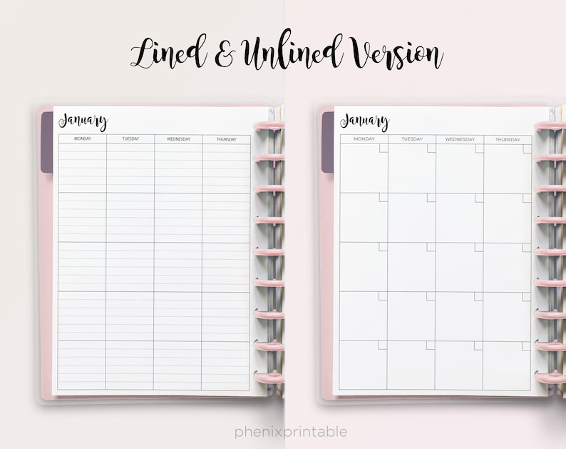 May include: Two planner pages side-by-side, labeled January, featuring a weekly layout with Monday through Thursday columns. The left page has horizontal lines in each daily block, while the right page features blank boxes. Both pages have pink disc-bound edges.