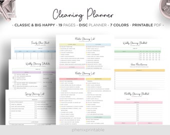 Puede incluir: Un planificador de limpieza imprimible con listas de verificación para la limpieza semanal, mensual y de primavera. El planificador incluye secciones para las tareas domésticas familiares, el mantenimiento del hogar y las listas de limpieza principales. El planificador está diseñado en un esquema de color pastel con acentos rosados, amarillos y verdes.