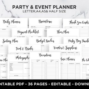 Event Planner Party Planner Birthday Party Organizer Event Planning Budget Menu To Do List Editable A5 A4 Letter Half Size PDF Printable