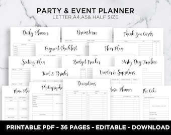 Party & Event Planner, Budget, Menu, To-Do List (Editable PDF)