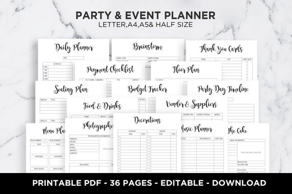 Party & Event Planner, Budget, Menu, To-Do List (Editable PDF)