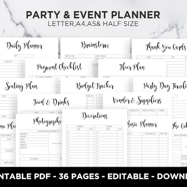 Event Planner Party Planner Birthday Party Organizer Event Planning Budget Menu To Do List Editable A5 A4 Letter Half Size PDF Printable
