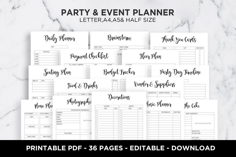 Planificador de fiestas y eventos, presupuesto, menú, lista de tareas (PDF editable) imagen 1