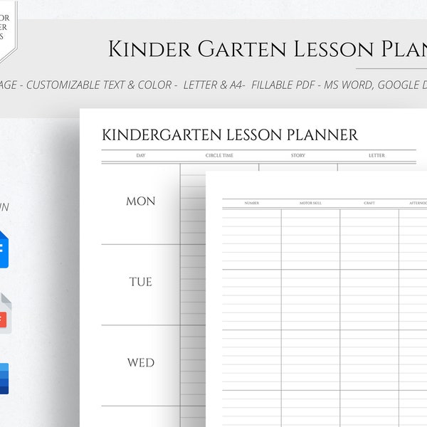 EDITABLE Lesson Plan Template, Lesson Planner Printable Homeschool Teacher Planner Kindergarten Lesson Plan Book A4 Letter Google Docs Word