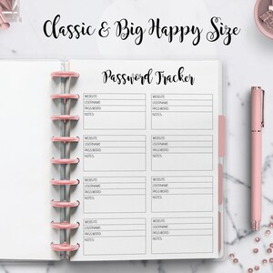 May include: A pink and white password tracker with a spiral binding. The tracker has sections for website, username, password, and notes.