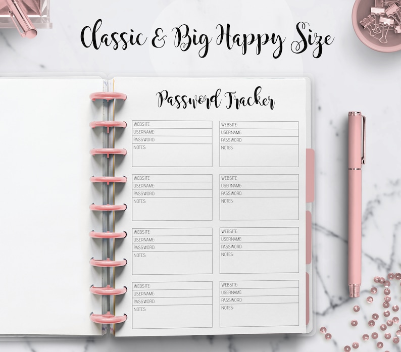 May include: A pink and white password tracker with a spiral binding. The tracker has sections for website, username, password, and notes.