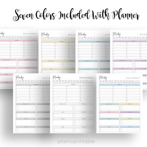 May include: Seven printable daily planner pages with the word "Monday" at the top of each page. Each page has a different color background: pink, yellow, blue, purple, gray, light blue, and pastel colors.