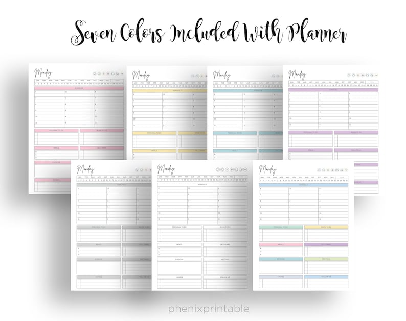 May include: Seven printable daily planner pages with the word "Monday" at the top of each page. Each page has a different color background: pink, yellow, blue, purple, gray, light blue, and pastel colors.