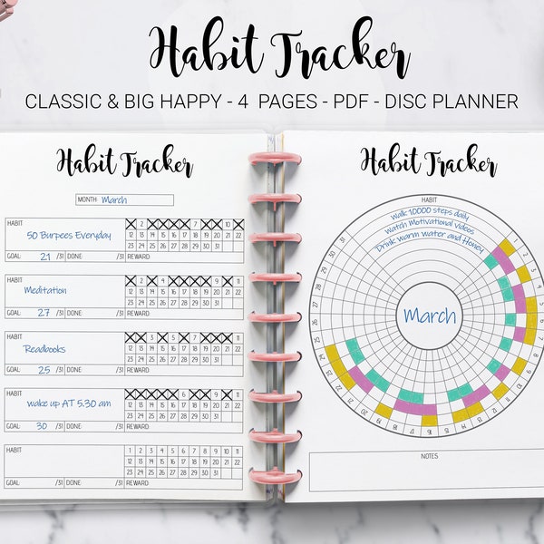 Habit Tracker Circular Habit Tracker Monthly Yearly Habit Round Chart Mambi Classic HP Big Happy Planner PDF Printable Inserts