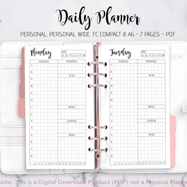 Daily Planner Day Planner Work Planner Weekly Planner Hourly Planner Filofax Personal A6 FC Compact Personal Wide PDF Printable Inserts