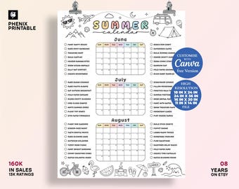 Calendario de actividades de verano 2026: Planificador de actividades para colorear para toda la familia y los niños (editable en Canva)