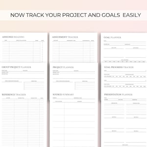 May include: A printable set of black and white planner pages for tracking projects and goals. The pages include sections for assigned reading, assignment tracker, goal planner, group project planner, project planner, goal progress tracker, reference tracker, source summary, and presentation planner.