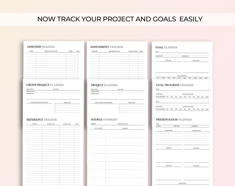 May include: A printable set of black and white planner pages for tracking projects and goals. The pages include sections for assigned reading, assignment tracker, goal planner, group project planner, project planner, goal progress tracker, reference tracker, source summary, and presentation planner.