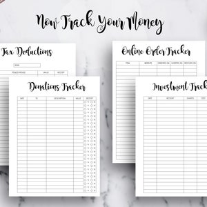 May include: Four printable budget tracker sheets with headings for Tax Deductions, Donations Tracker, Online Order Tracker, and Investment Tracker. Each sheet has columns for date, item, expense, value, description, receipt, website, ordered on, shipped on, received on, account, shares, cost, and value.