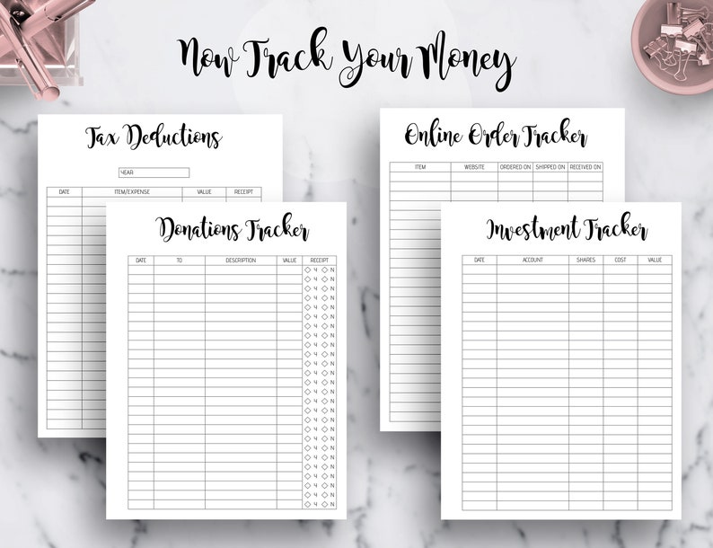 May include: Four printable budget tracker sheets with headings for Tax Deductions, Donations Tracker, Online Order Tracker, and Investment Tracker. Each sheet has columns for date, item, expense, value, description, receipt, website, ordered on, shipped on, received on, account, shares, cost, and value.