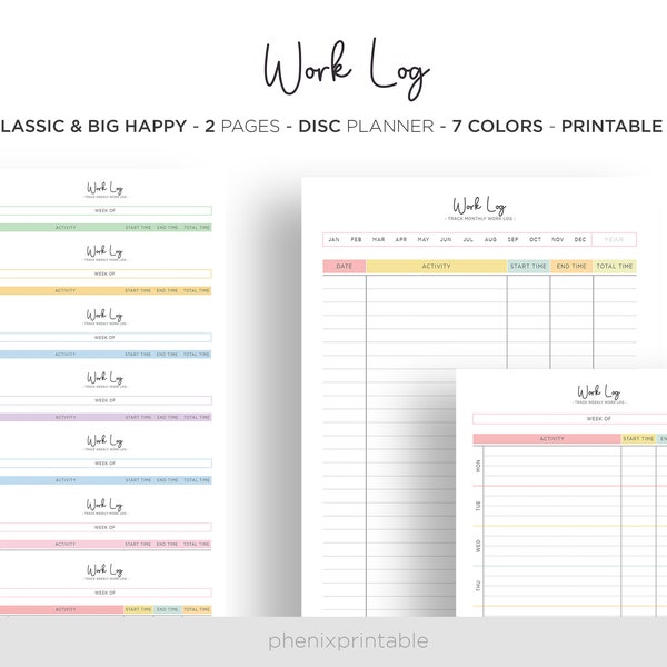 Work Log Work Time Management Work Hours Planner Time Spent Mambi Classic HP Big Happy Planner PDF Printable Inserts