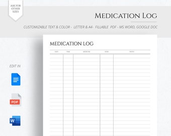 EDITABLE Medical Tracker Minimalist, Medication Intake Reminder, Medication Log List A4 Letter Fillable PDF Google Docs Word