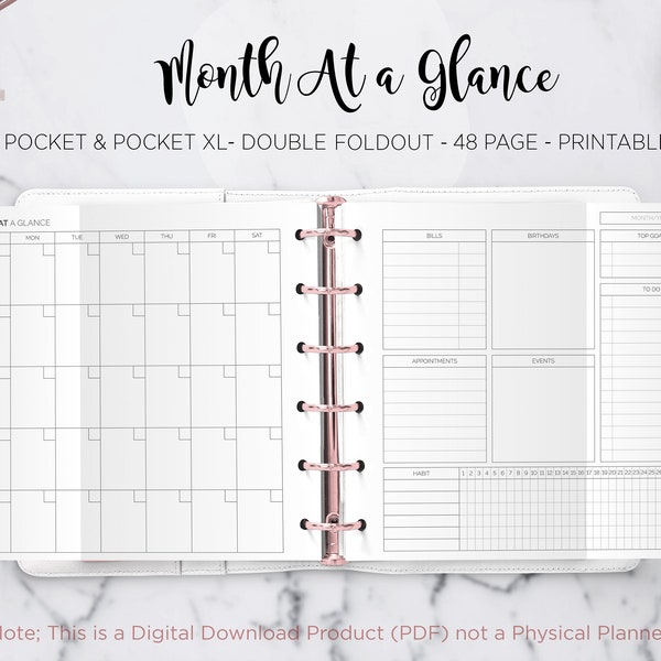 Month at a Glance Monthly Planner Undated Monthly Layout Agenda Foldout Filofax Pocket & Pocket XL Ring Binder Planner PDF Printable Insert