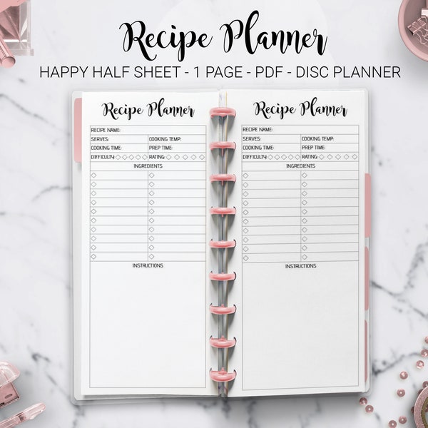 Recipe Planner Recipe Binder Cook Book Meal Planner Recipe Organizer Skinny Classic Half Sheet Happy Planner Mambi PDF Printable Inserts