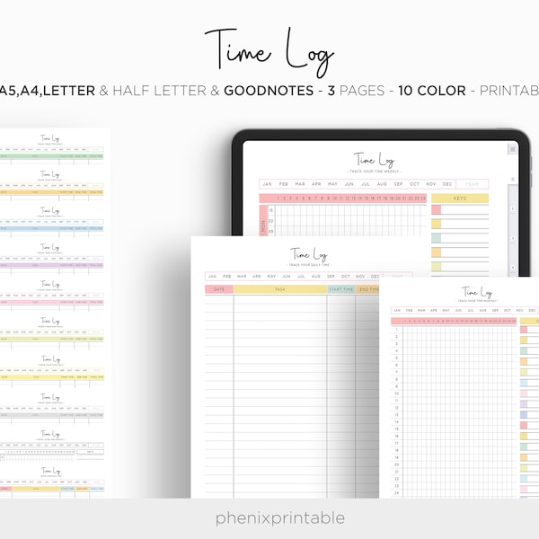 Time Log Time Tracker Project Time Task Tracker Task Management Digital Goodnotes iPad Planner A5 A4 Letter Half Size PDF Printable Inserts