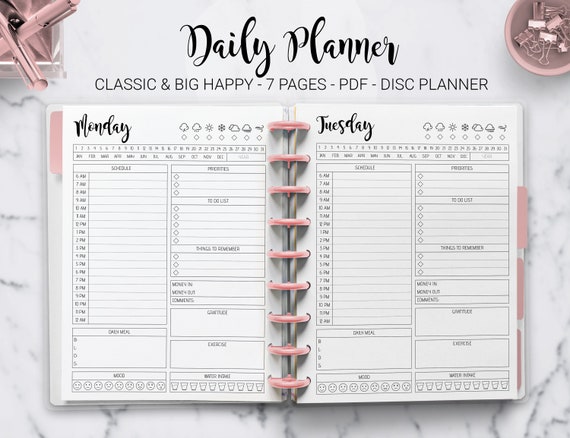 Daily Planner Day Planner Work Planner Weekly Planner Hourly Planner Mambi  Classic HP Big Happy Planner PDF Printable Inserts 